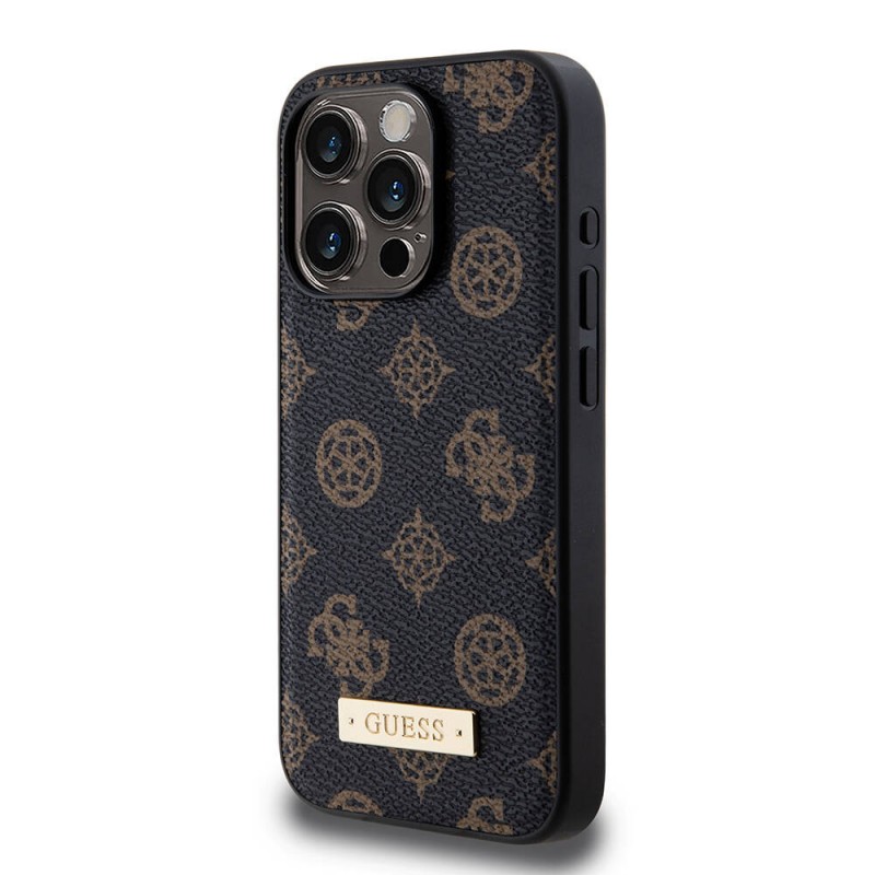 Bal-z Apple iPhone 15 Pro Kılıf Guess M-safe Şarj Özellikli PU Deri Desenli Metal Plaka Logolu Kapak