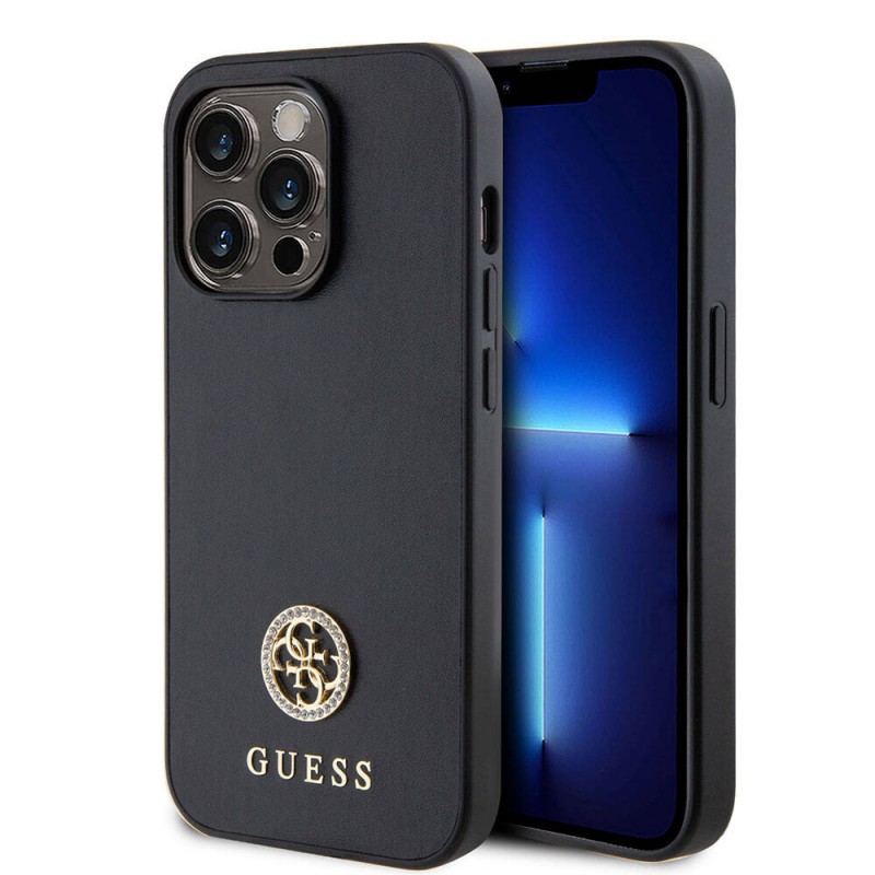 Bal-z Apple iPhone 15 Pro Kılıf Guess Orjinal Lisanslı Deri 4G Metal Logo Strass Kapak