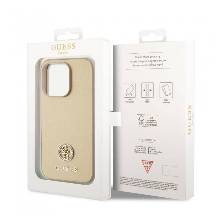 Apple iPhone 15 Pro Kılıf Guess Orjinal Lisanslı Deri 4G Metal Logo Strass Kapak