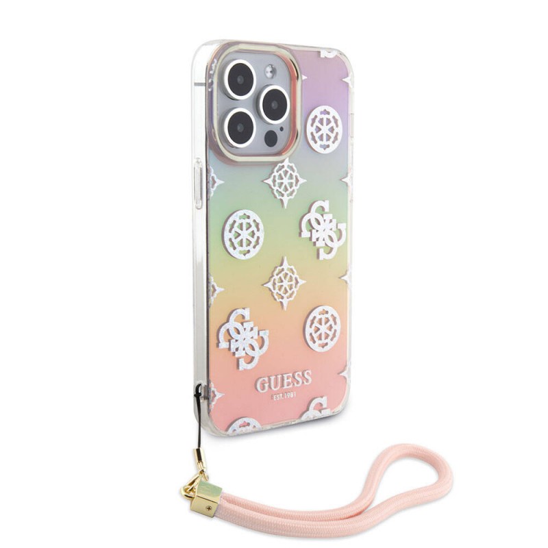 Bal-z Apple iPhone 15 Pro Kılıf Guess Orjinal Lisanslı Desenli Yazı Logolu Askı İpli Holografik Glitter Peony Kapak