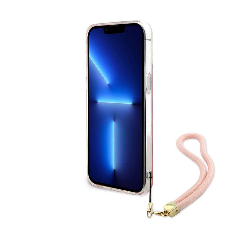 Bal-z Apple iPhone 15 Pro Kılıf Guess Orjinal Lisanslı Desenli Yazı Logolu Askı İpli Holografik Glitter Peony Kapak