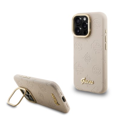 Bal-z Apple iPhone 15 Pro Kılıf Guess Orjinal Lisanslı M-safe Şarj Özellikli Sıcak Baskılı Yazı Logolu Kamera Standlı PU Deri Peony Kapak