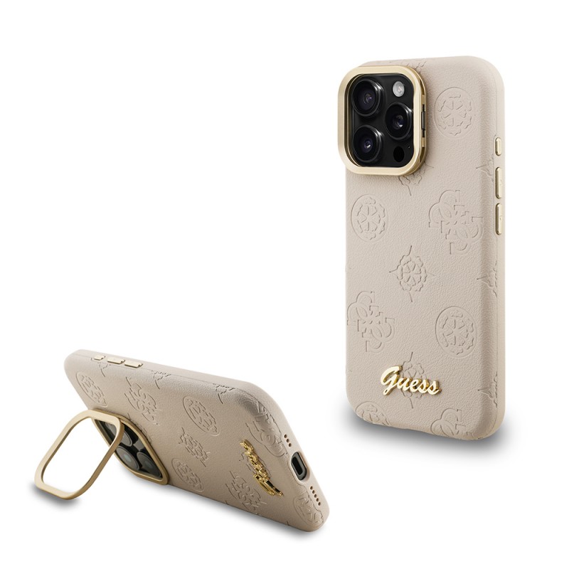 Bal-z Apple iPhone 15 Pro Kılıf Guess Orjinal Lisanslı M-safe Şarj Özellikli Sıcak Baskılı Yazı Logolu Kamera Standlı PU Deri Peony Kapak