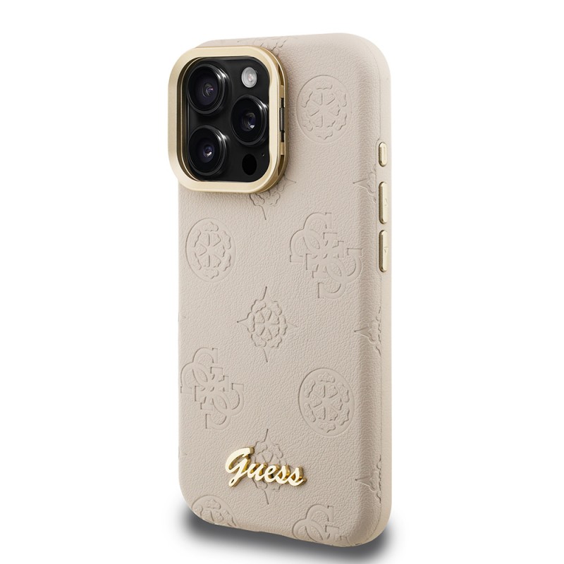 Bal-z Apple iPhone 15 Pro Kılıf Guess Orjinal Lisanslı M-safe Şarj Özellikli Sıcak Baskılı Yazı Logolu Kamera Standlı PU Deri Peony Kapak