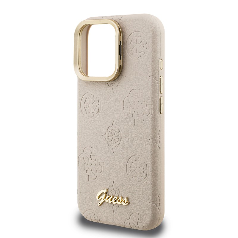 Bal-z Apple iPhone 15 Pro Kılıf Guess Orjinal Lisanslı M-safe Şarj Özellikli Sıcak Baskılı Yazı Logolu Kamera Standlı PU Deri Peony Kapak