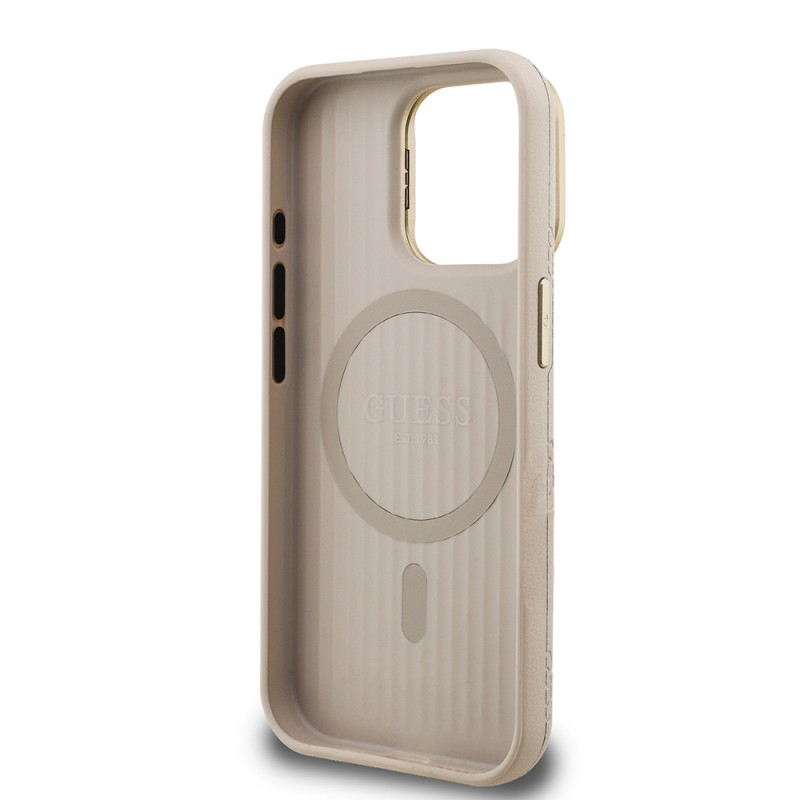 Bal-z Apple iPhone 15 Pro Kılıf Guess Orjinal Lisanslı M-safe Şarj Özellikli Sıcak Baskılı Yazı Logolu Kamera Standlı PU Deri Peony Kapak