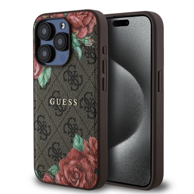 Bal-z Apple iPhone 15 Pro Kılıf Guess Orjinal Lisanslı M-safe Şarj Özellikli Gül Baskılı 4G Desenli Yazı Logolu Kapak