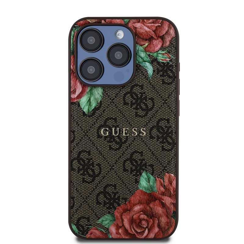 Bal-z Apple iPhone 15 Pro Kılıf Guess Orjinal Lisanslı M-safe Şarj Özellikli Gül Baskılı 4G Desenli Yazı Logolu Kapak