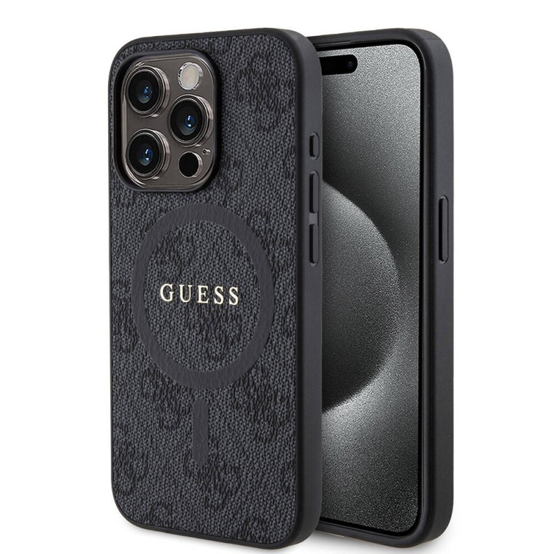 Bal-z Apple iPhone 15 Pro Kılıf Guess Orjinal Lisanslı M-safe Şarj Özellikli PU Halkalı 4G Desenli Yazı Logolu Kapak