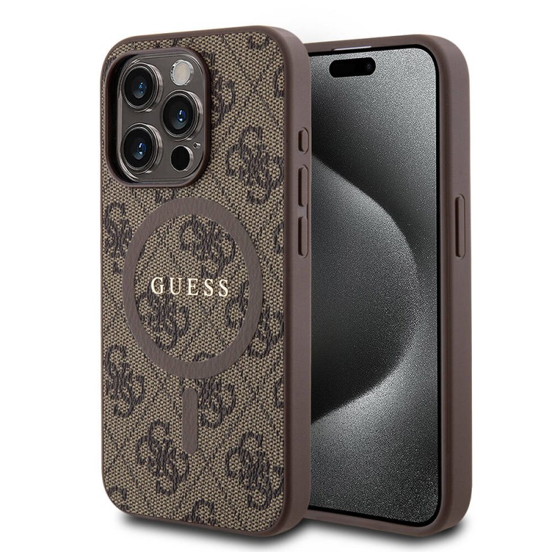 Bal-z Apple iPhone 15 Pro Kılıf Guess Orjinal Lisanslı M-safe Şarj Özellikli PU Halkalı 4G Desenli Yazı Logolu Kapak