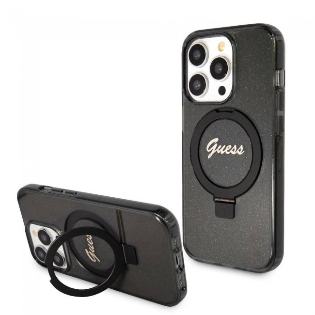 Apple iPhone 15 Pro Kılıf Guess Orjinal Lisanslı Magsafe Şarj Özellikli Simli Arka Yüzey Ring Standlı Kapak Apple iPhone 15 Pro Kılıf Guess Orjinal Lisanslı Magsafe Şarj Özellikli Simli Arka Yüzey Ring Standlı Kapak