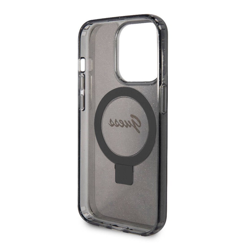 Bal-z Apple iPhone 15 Pro Kılıf Guess Orjinal Lisanslı M-safe Şarj Özellikli Simli Arka Yüzey Ring Standlı Kapak