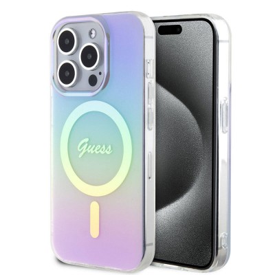 Bal-z Apple iPhone 15 Pro Kılıf Guess Orjinal Lisanslı M-safe Şarj Özellikli Yazı Logolu Iridescent Kapak