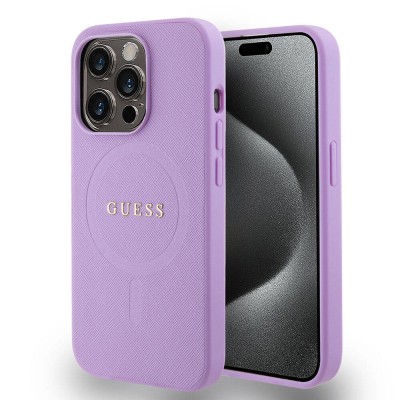 Bal-z Apple iPhone 15 Pro Kılıf Guess Orjinal Lisanslı M-safe Şarj Özellikli Yazı Logolu Saffiano Kapak