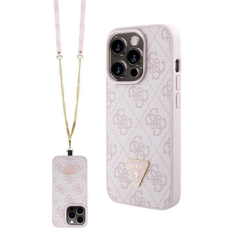 Bal-z Apple iPhone 15 Pro Kılıf Guess Orjinal Lisanslı PU Deri Askılı Taşlı Üçgen Logo 4G Desenli Strass Crossbody Kapak