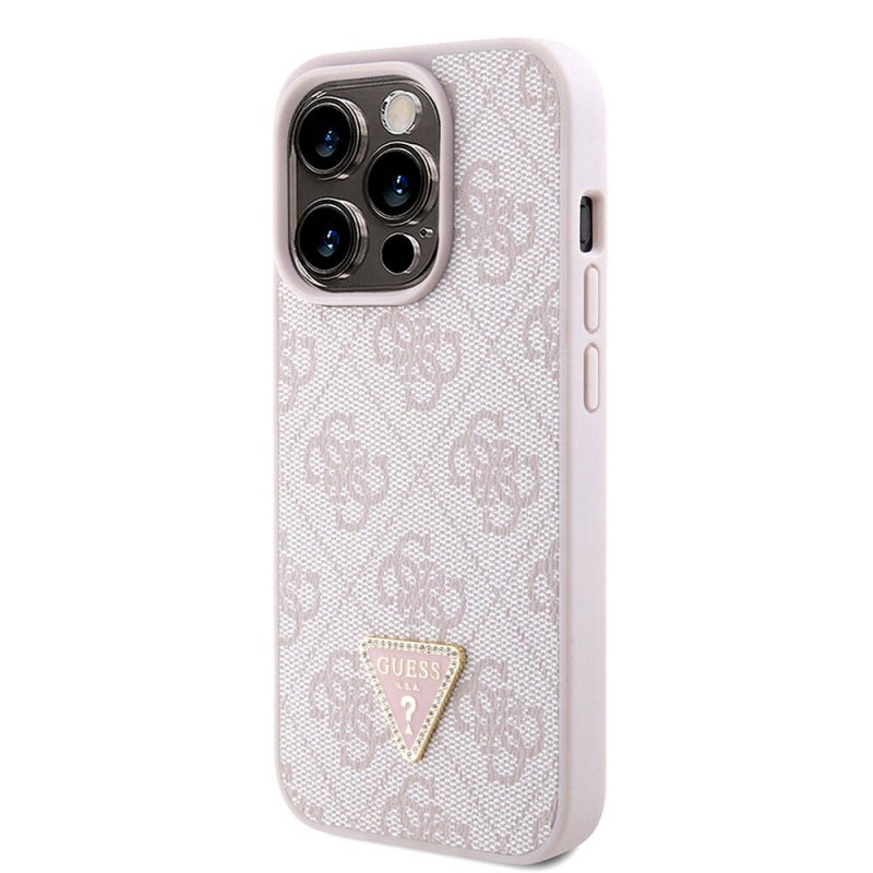 Bal-z Apple iPhone 15 Pro Kılıf Guess Orjinal Lisanslı PU Deri Askılı Taşlı Üçgen Logo 4G Desenli Strass Crossbody Kapak