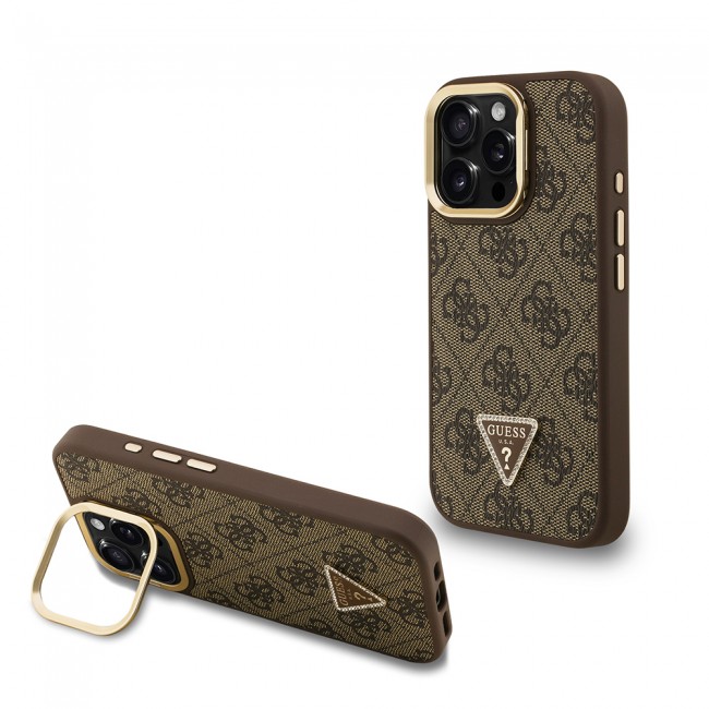 Apple iPhone 15 Pro Kılıf Guess Orjinal Lisanslı PU Deri Taşlı Üçgen Logo 4G Desenli Kamera Standlı Kapak Apple iPhone 15 Pro Kılıf Guess Orjinal Lisanslı PU Deri Taşlı Üçgen Logo 4G Desenli Kamera Standlı Kapak