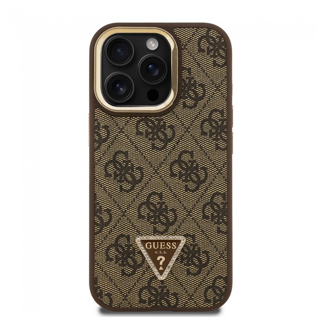 Apple iPhone 15 Pro Kılıf Guess Orjinal Lisanslı PU Deri Taşlı Üçgen Logo 4G Desenli Kamera Standlı Kapak Apple iPhone 15 Pro Kılıf Guess Orjinal Lisanslı PU Deri Taşlı Üçgen Logo 4G Desenli Kamera Standlı Kapak