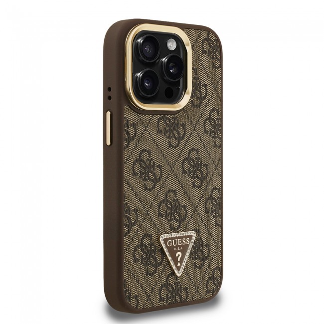 Apple iPhone 15 Pro Kılıf Guess Orjinal Lisanslı PU Deri Taşlı Üçgen Logo 4G Desenli Kamera Standlı Kapak Apple iPhone 15 Pro Kılıf Guess Orjinal Lisanslı PU Deri Taşlı Üçgen Logo 4G Desenli Kamera Standlı Kapak