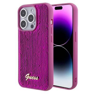 Bal-z Apple iPhone 15 Pro Kılıf Guess Orjinal Lisanslı Pullu Arka Yüzey Metal Yazı Logolu Sequin Script Kapak