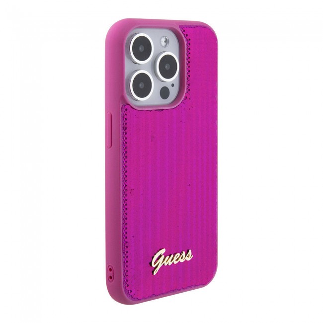 Apple iPhone 15 Pro Kılıf Guess Orjinal Lisanslı Pullu Arka Yüzey Metal Yazı Logolu Sequin Script Kapak