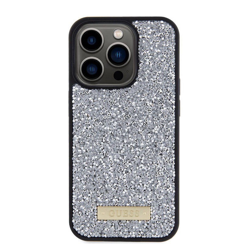 Bal-z Apple iPhone 15 Pro Kılıf Guess Orjinal Lisanslı Taşlı Arka Yüzey Metal Yazı Logolu Kapak