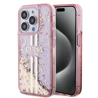 Apple iPhone 15 Pro Kılıf Guess Orjinal Lisanslı Transparan Sıvılı Simli Altın Çizgili Kapak Apple iPhone 15 Pro Kılıf Guess Orjinal Lisanslı Transparan Sıvılı Simli Altın Çizgili Kapak