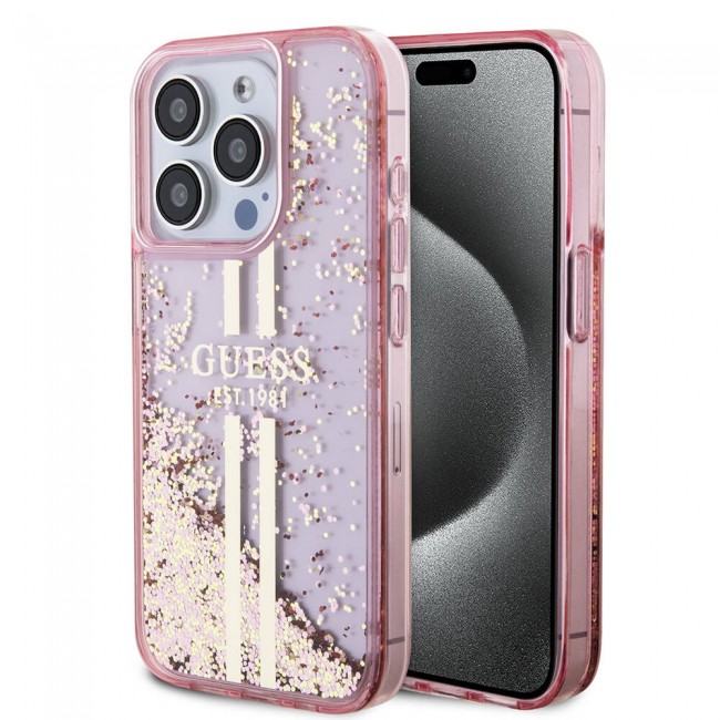Apple iPhone 15 Pro Kılıf Guess Orjinal Lisanslı Transparan Sıvılı Simli Altın Çizgili Kapak Apple iPhone 15 Pro Kılıf Guess Orjinal Lisanslı Transparan Sıvılı Simli Altın Çizgili Kapak