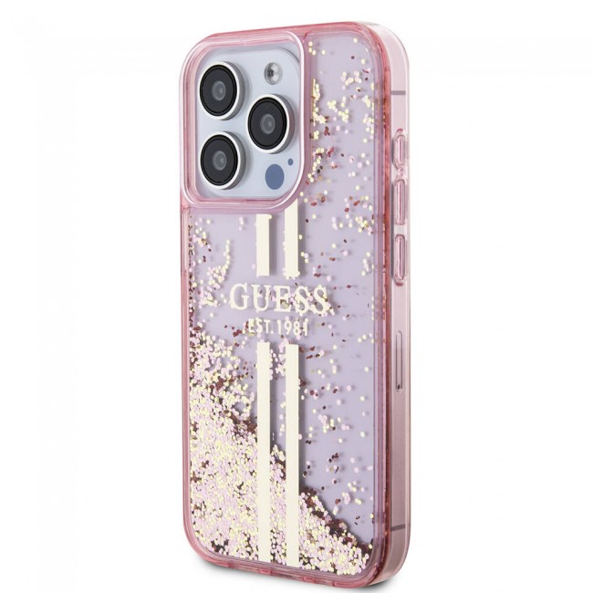 Apple iPhone 15 Pro Kılıf Guess Orjinal Lisanslı Transparan Sıvılı Simli Altın Çizgili Kapak Apple iPhone 15 Pro Kılıf Guess Orjinal Lisanslı Transparan Sıvılı Simli Altın Çizgili Kapak