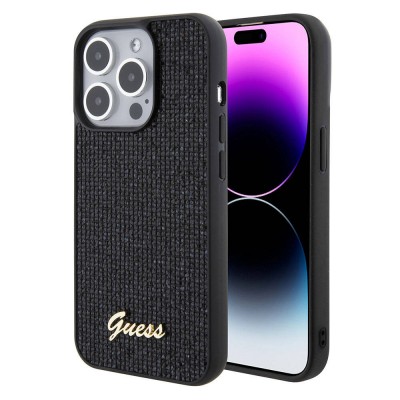 Bal-z Apple iPhone 15 Pro Kılıf Guess Orjinal Lisanslı Yazı Logolu Disco Script Metal Kapak
