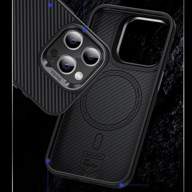 Bal-z Apple iPhone 15 Pro Kılıf Karbon Fiber M-safe Şarj Özellikli Benks Hybrid ArmorPro 600D Kevlar Kapak