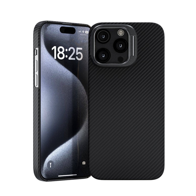 Bal-z Apple iPhone 15 Pro Kılıf M-safe Şarj Özellikli 600D Kevlar  Krek Karbon Standlı Kapak