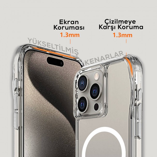Apple iPhone 15 Pro Kılıf Magsafe Şarj Özellikli Airbagli Şeffaf Zore İncek Kapak