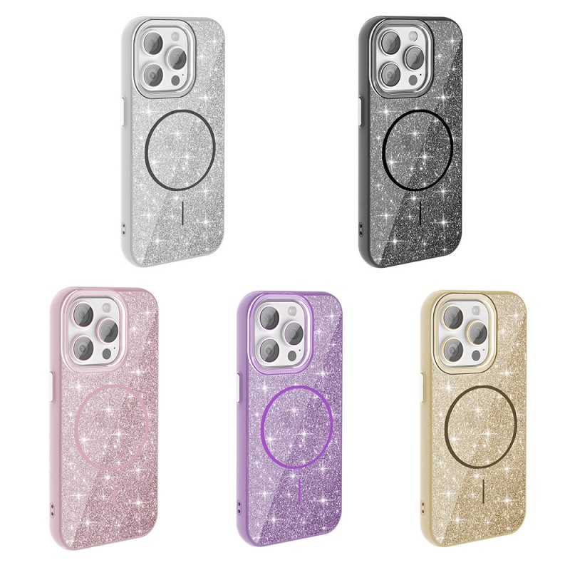 Bal-z Apple iPhone 15 Pro Kılıf M-safe Şarj Özellikli Parlayan Simli Zore Okso Kapak