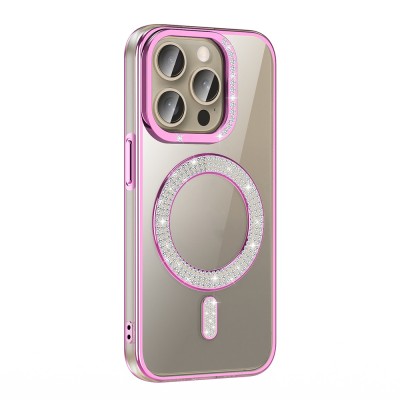 Bal-z Apple iPhone 15 Pro Kılıf Pırlanta Taş Tasarımlı M-safe Şarj Özellikli Zore Karetta Silikon Kapak