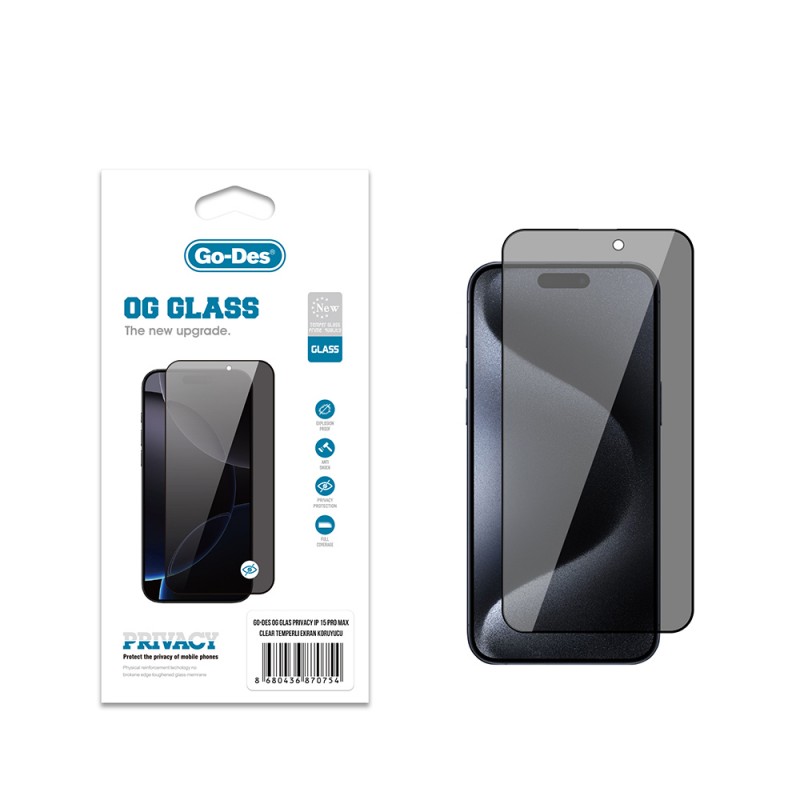 Bal-z Apple iPhone 15 Pro Max Go Des OG Glass Privacy Antistatik Temperli Cam Ekran Koruyucu