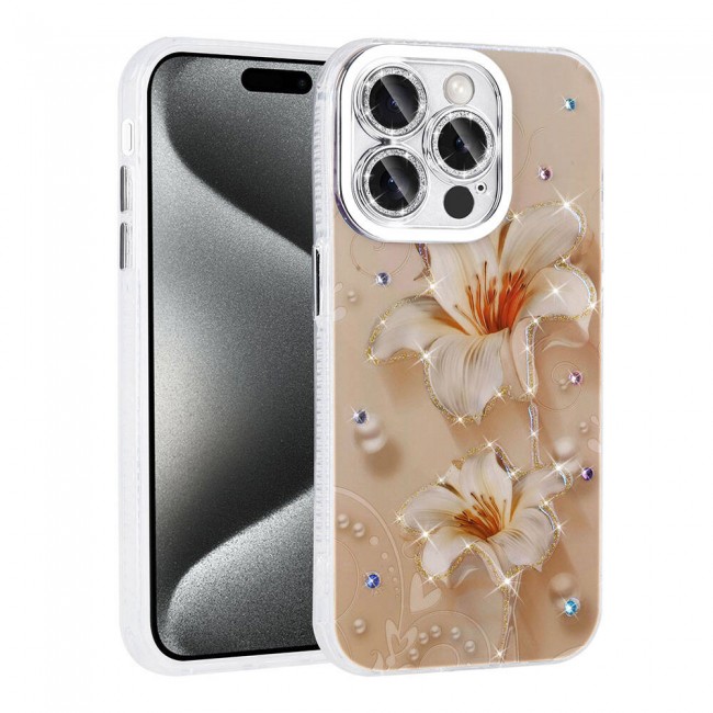 Apple iPhone 15 Pro Max Kılıf Çiçek Desenli Parlak Taşlı Sert Silikon Zore Garden Kapak Apple iPhone 15 Pro Max Kılıf Çiçek Desenli Parlak Taşlı Sert Silikon Zore Garden Kapak