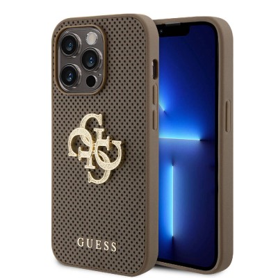 Bal-z Apple iPhone 15 Pro Max Kılıf Guess Orjinal Lisanslı Delikli Yazı ve 4G Glitter Büyük Metal Logolu Kapak