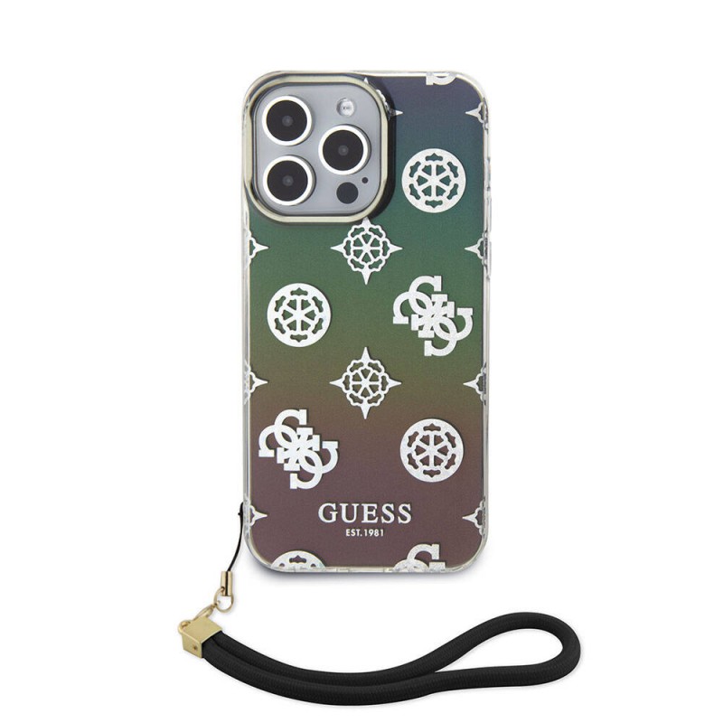 Bal-z Apple iPhone 15 Pro Max Kılıf Guess Orjinal Lisanslı Desenli Yazı Logolu Askı İpli Holografik Glitter Peony Kapak