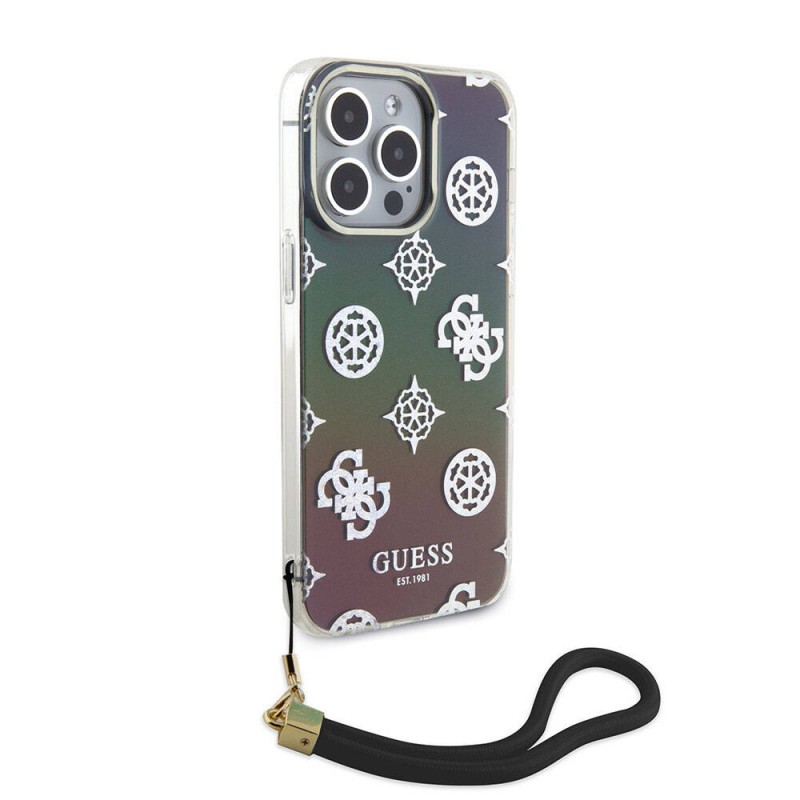 Bal-z Apple iPhone 15 Pro Max Kılıf Guess Orjinal Lisanslı Desenli Yazı Logolu Askı İpli Holografik Glitter Peony Kapak