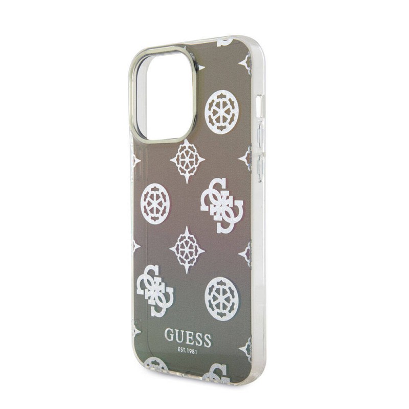 Bal-z Apple iPhone 15 Pro Max Kılıf Guess Orjinal Lisanslı Desenli Yazı Logolu Askı İpli Holografik Glitter Peony Kapak