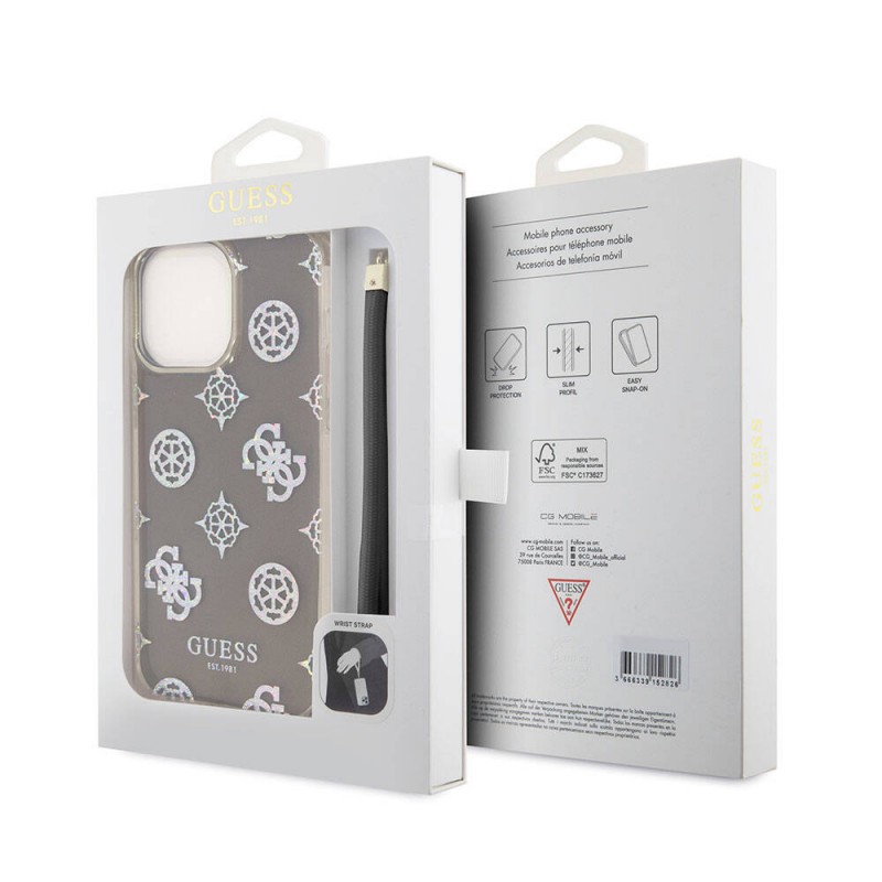 Bal-z Apple iPhone 15 Pro Max Kılıf Guess Orjinal Lisanslı Desenli Yazı Logolu Askı İpli Holografik Glitter Peony Kapak