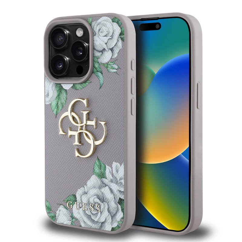 Bal-z Apple iPhone 15 Pro Max Kılıf Guess Orjinal Lisanslı Gül Baskılı Büyük Metal Logo Dizaynlı Kapak