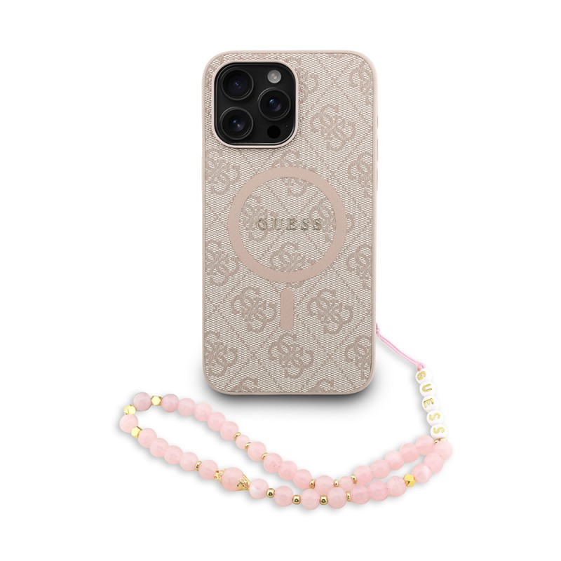 Bal-z Apple iPhone 15 Pro Max Kılıf Guess Orjinal Lisanslı M-safe Şarj Özellikli PU Deri Bilek Askı İpli Yazı Logolu Kapak