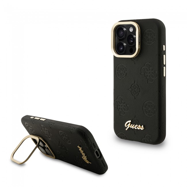Apple iPhone 15 Pro Max Kılıf Guess Orjinal Lisanslı M-safe Şarj Özellikli Sıcak Baskılı Yazı Logolu Kamera Standlı PU Deri Peony Kapak