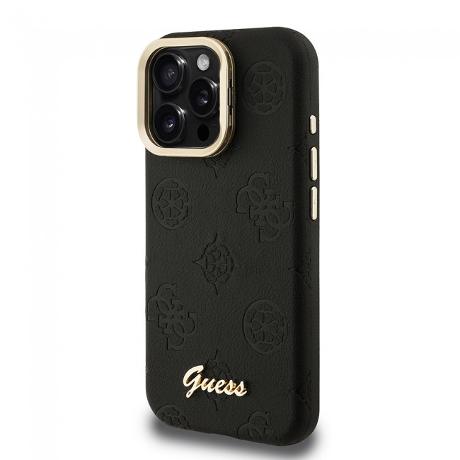 Apple iPhone 15 Pro Max Kılıf Guess Orjinal Lisanslı M-safe Şarj Özellikli Sıcak Baskılı Yazı Logolu Kamera Standlı PU Deri Peony Kapak