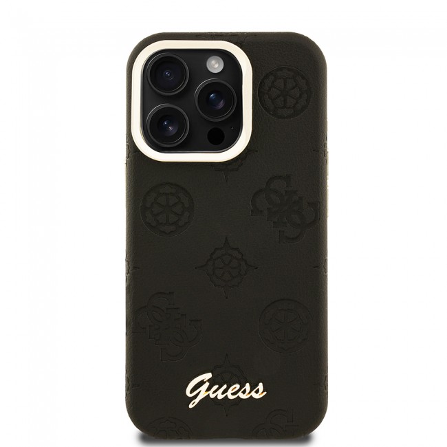 Apple iPhone 15 Pro Max Kılıf Guess Orjinal Lisanslı M-safe Şarj Özellikli Sıcak Baskılı Yazı Logolu Kamera Standlı PU Deri Peony Kapak