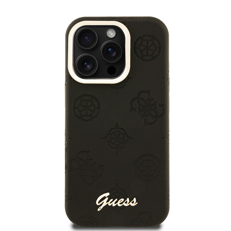 Bal-z Apple iPhone 15 Pro Max Kılıf Guess Orjinal Lisanslı M-safe Şarj Özellikli Sıcak Baskılı Yazı Logolu Kamera Standlı PU Deri Peony Kapak