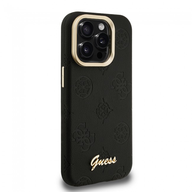 Apple iPhone 15 Pro Max Kılıf Guess Orjinal Lisanslı M-safe Şarj Özellikli Sıcak Baskılı Yazı Logolu Kamera Standlı PU Deri Peony Kapak