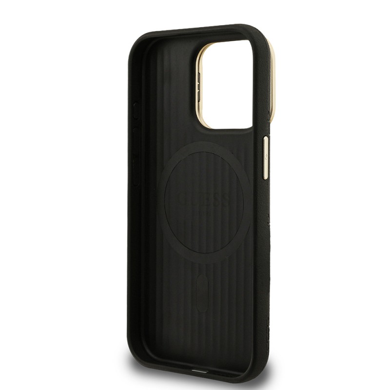 Bal-z Apple iPhone 15 Pro Max Kılıf Guess Orjinal Lisanslı M-safe Şarj Özellikli Sıcak Baskılı Yazı Logolu Kamera Standlı PU Deri Peony Kapak